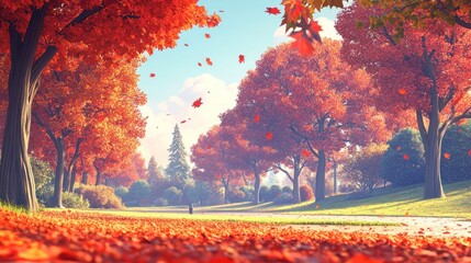 Sticker - A serene autumn landscape with vibrant red trees and falling leaves.