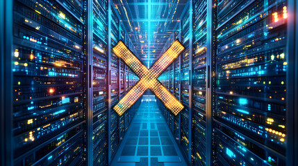 Wall Mural - Server racks forming an x sign, symbolizing compute power from social media data.