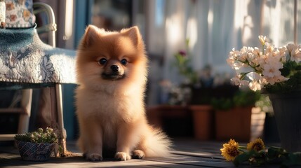 Wall Mural - A fluffy Pomeranian sits beside flowers on a sunny porch, exuding warmth and charm.