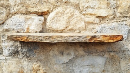 Sticker - A rustic wooden shelf mounted on a stone wall, showcasing natural textures and materials.