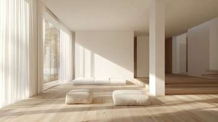 Poster - A serene, minimalist interior space with natural light and wooden flooring.