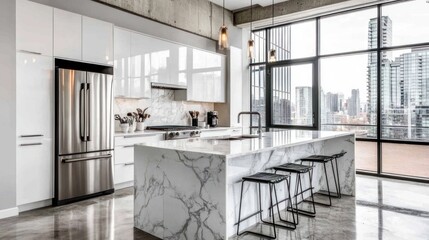 Canvas Print - Modern kitchen with marble island and city view.