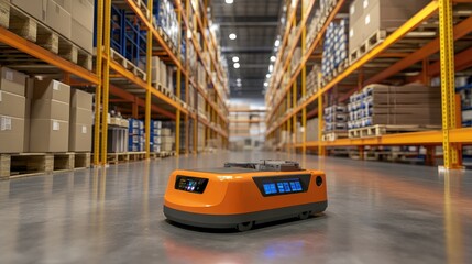 Poster - An industrial robot navigating a smart factory floor, illustrating how 5G technology enables seamless communication and coordination for autonomous transportation.
