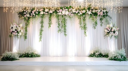 Wall Mural - Elegant floral backdrop with drapes and lights, perfect for weddings or special events.