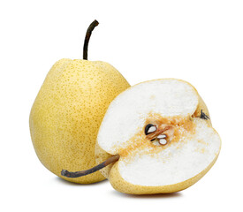 Wall Mural - whole and half of chinese pear (Pyrus pyrifloral,nashi pear) tropical fruit isolated, png