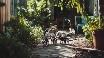 Poster - A group of beagle puppies walking down a garden path surrounded by greenery.