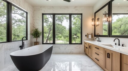 Wall Mural - Modern bathroom featuring a freestanding tub and large windows with natural scenery.