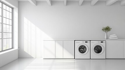 Wall Mural - A modern laundry room featuring white appliances and minimalistic decor.