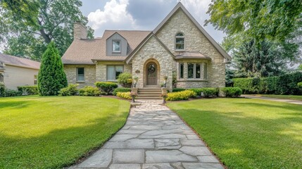 Poster - A charming stone house with a landscaped yard and pathway, showcasing residential architecture.