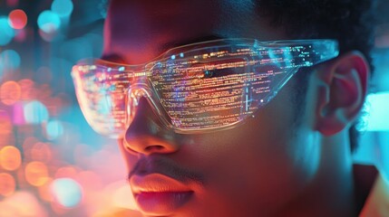 Poster - A close-up of a person wearing futuristic glasses with colorful digital reflections.