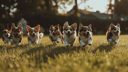 Sticker - A joyful group of corgi puppies running through a grassy field during golden hour.