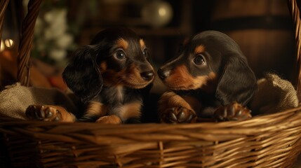 Canvas Print - Two adorable dachshund puppies nestled in a cozy basket.