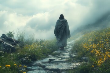 solitary figure of jesus walking on an ancient stone path soft ethereal light surrounds him creating a sense of divinity and peace in the serene landscape