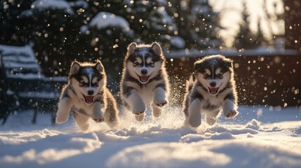 Sticker - Three playful puppies joyfully jumping through snow in a winter setting.