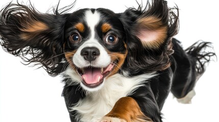 Sticker - A joyful dog with long fur running playfully, showcasing its excitement and energy.