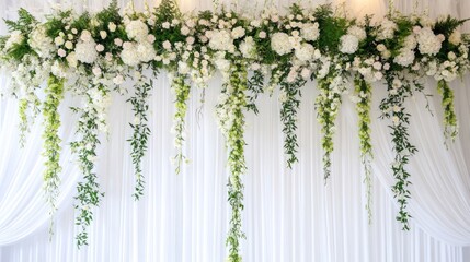 Sticker - A decorative floral arrangement with white flowers and greenery against a draped backdrop.