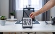 © Jason - Hand place out of office sign on desk. Absence notification concept