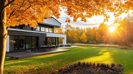 Canvas Print - A modern house surrounded by autumn foliage, showcasing a serene outdoor space.