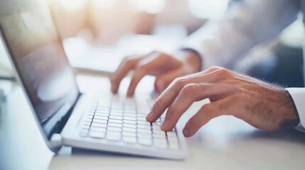 Poster - A close-up of hands typing on a laptop keyboard in a bright workspace.