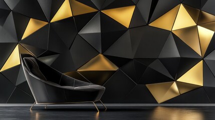 Poster - Black and gold geometric wall pattern creating a sleek and modern interior design backdrop, perfect for a luxurious space.