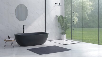 Wall Mural - Modern bathroom featuring a black bathtub, glass shower, and natural light.