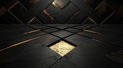 Poster - Black and gold geometric wall pattern creating a sleek and modern interior design backdrop, perfect for a luxurious space.