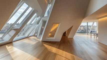 Wall Mural - Modern interior with angular windows and wooden flooring, showcasing natural light.