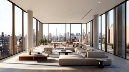 Poster - Modern living room with panoramic city views and stylish furnishings.