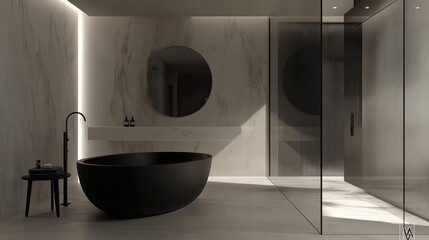 Sticker - Modern bathroom featuring a black freestanding tub and minimalist design elements.