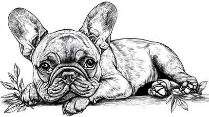 Wall Mural - A detailed line drawing of a relaxed French Bulldog surrounded by foliage.