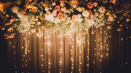 Wall Mural - A floral backdrop adorned with lights, perfect for events or celebrations.