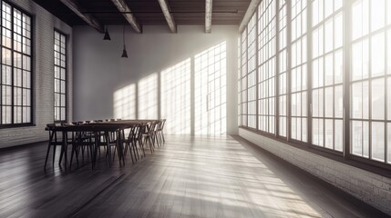 Canvas Print - A spacious, modern meeting room with large windows and a long table.