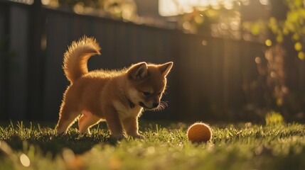 Sticker - A playful puppy explores a grassy yard, captivated by an orange ball in soft sunlight.