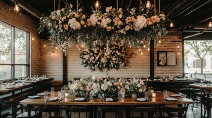 Sticker - Elegant dining setup with floral decor for a special event.