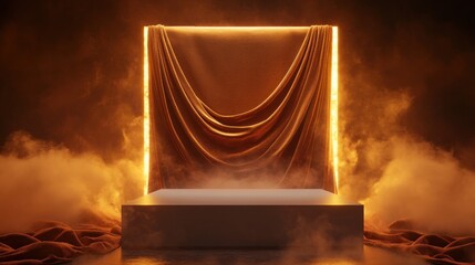 Poster - A dramatic stage setup featuring illuminated drapery and fog for presentations or performances.