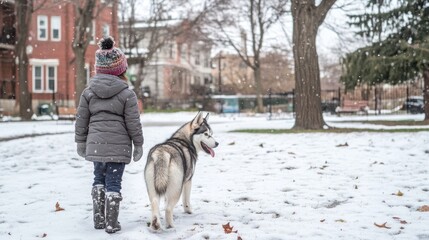 Sticker - A child walks with a husky dog in a snowy park, capturing a serene winter moment.