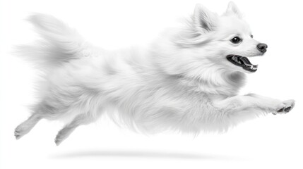 Poster - A fluffy white dog joyfully leaps in mid-air against a plain background.