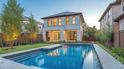 Poster - Modern home with a pool in a landscaped backyard at dusk.