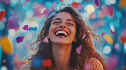 Shot of a young woman laughing while throwing confetti, surrounded by a lively, Generative AI