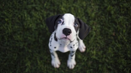 Sticker - A playful puppy sitting on grass, looking up with bright blue eyes.