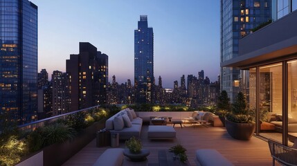 Canvas Print - A modern balcony view showcasing a city skyline at dusk with comfortable seating.