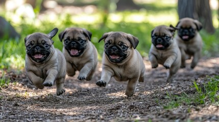 Poster - Five playful puppies running joyfully through a grassy path in a natural setting.