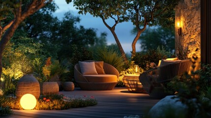 Poster - Cozy outdoor seating area illuminated at night, surrounded by lush greenery.