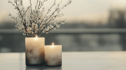 Two lit candles and a vase of white blossoms create a warm and inviting atmosphere.