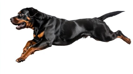 Poster - A Rottweiler dog leaping in mid-air, showcasing agility and energy.