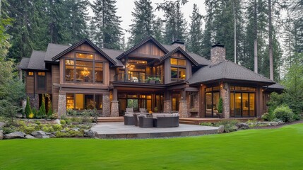 Poster - A modern house surrounded by trees and a well-manicured lawn, featuring outdoor seating.