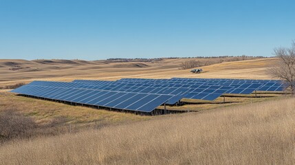 Canvas Print - A solar farm with rows of solar panels in a grassy landscape under a clear blue sky.