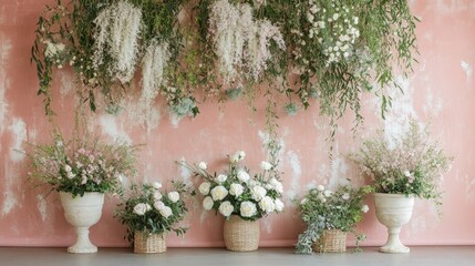 Poster - A floral arrangement displayed against a textured pink wall, showcasing various flower pots.