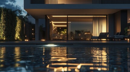 Sticker - Modern home with a pool at dusk, showcasing elegant architecture and serene ambiance.