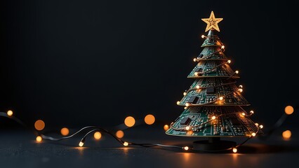 it christmas tree made of microcircuits, boards and wires over black background. technology banner w